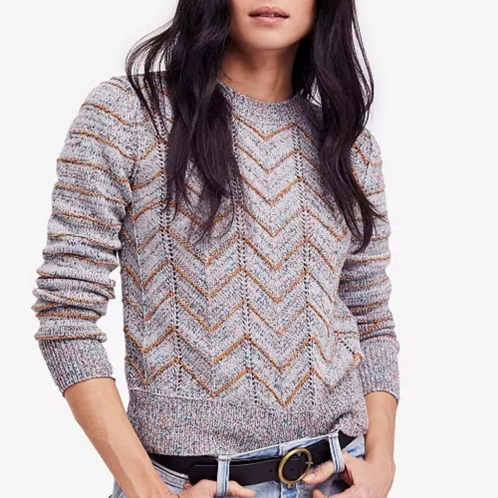 Free People Chevron Knit Sweater - Cream and Red